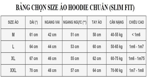 Bảng thông số chọn size áo hoodie form rộng (free style) thường dựa vào chiều cao cân nặng