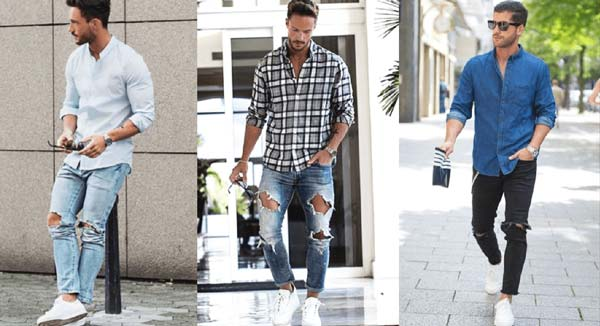 Quần jean rách năng động kết hợp cùng layer thun và sơ mi đậm chất Unisex và Street Style