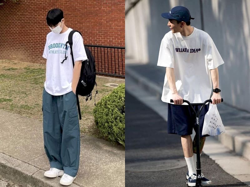 Basic nhưng đậm chất street style với áo thun trắng, quần lửng ống rộng và giày thể thao