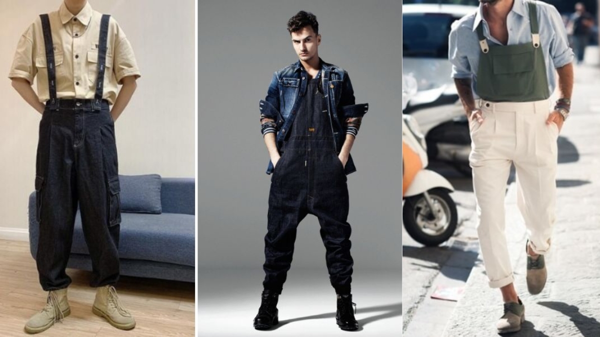 Overall jean nam kết hợp cùng sơ mi họa tiết tạo thành sét đồ cá tính