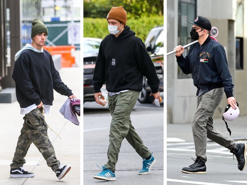 Sự kết hợp giữa “sweatshirt in họa tiết + jogger kaki và giày snearker” tạo 1 set đồ đậm chất street style