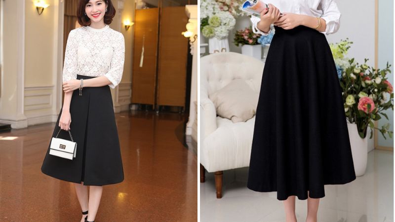 Cách chọn trang phục phối hợp với chân váy xòe đen dài