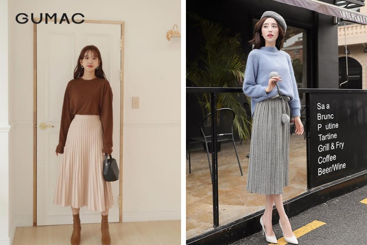 Cách mặc áo len với chân váy xếp ly