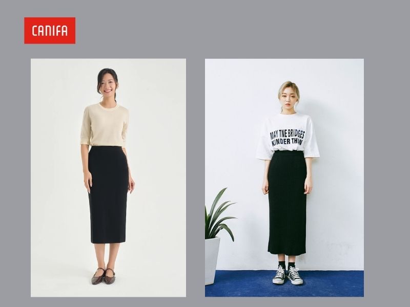 Chân váy len dài áo thun - phong cách trẻ trung