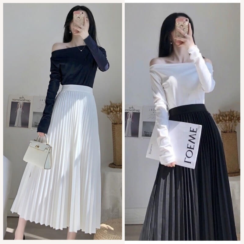 Chân váy xếp ly dài phối áo thun