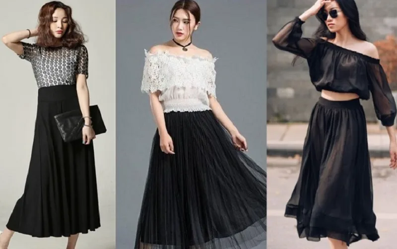 Giày đi với chân váy xòe đen dài