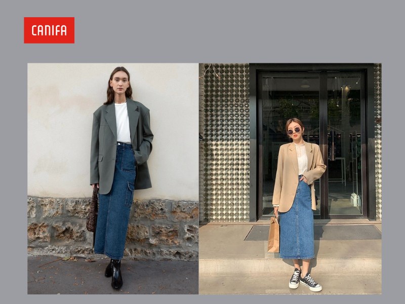 Váy jean dài kết hợp blazer