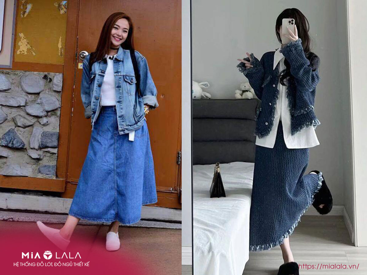 Váy jean dài phối áo khoác