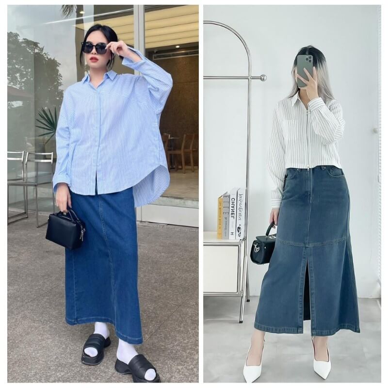 Váy jean dài phối đồ với áo sơ mi