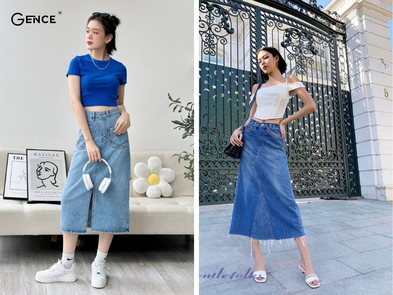 Váy jean dài và áo crop top